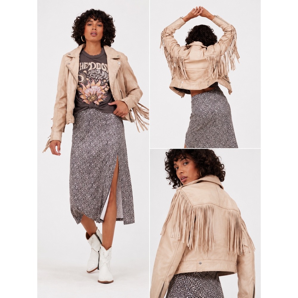 Mauritius Fringe Leather Moto Jacket Women Size 6 Tan‎ Lambskin Biker Coat Boho